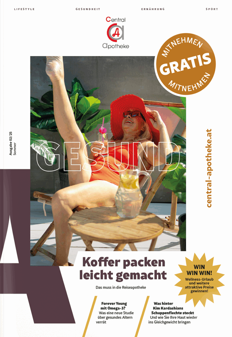 Cover der Sommerausgabe des Magazin gsund der Central Apotheke Abbildung einer Dame im Liegestuhl